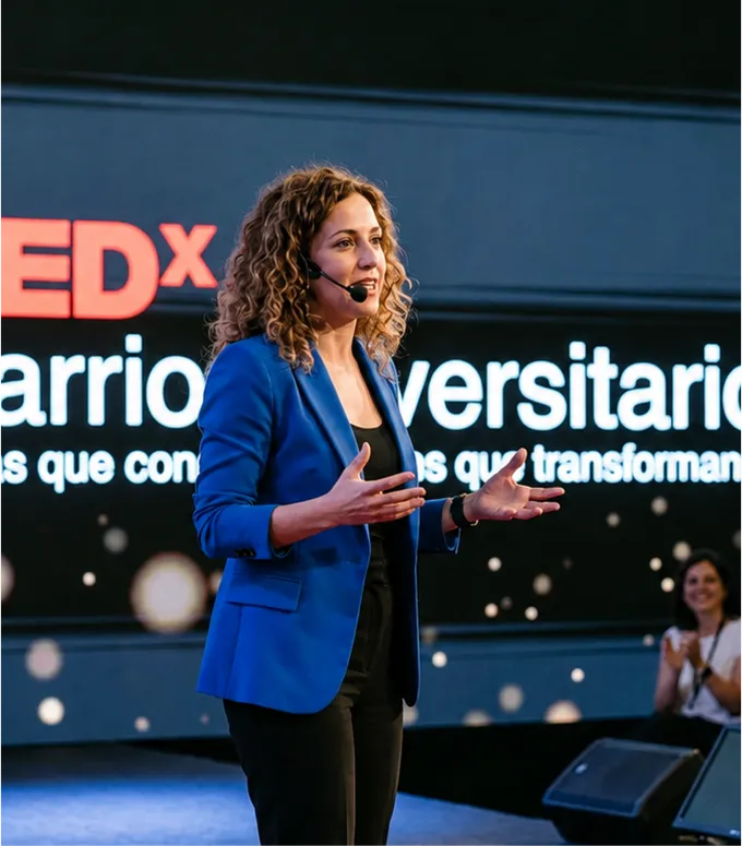 Speaker TEDx en el escenario del Barrio Universitario